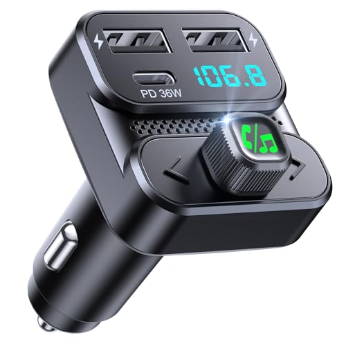 Mohard Bluetooth Coche, Transmisor FM BT 5.3 Coche con PD 36W + Doble USB Cargador Rápido Adaptador, Kit Manos Libres Inalámbrico Reproductor Música, Asistente Siri & Sonido Hi-Fi