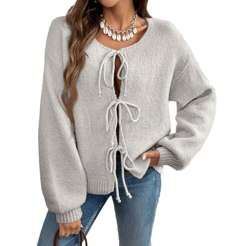 Image of Women Casual Bow Tie Front Cardigan Sweater Solid Crew Neck Long Sleeve Self Tie Open Front Knit Sweater Top Fall