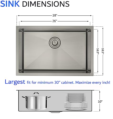 5Th Ave Fixtures 28 Inch Undermount Kitchen Sink Set, 304 Stainless Steel, 10 Inch Deep Single Bowl, Real 16 Gauge 28"X18.5"X10" #TOP1