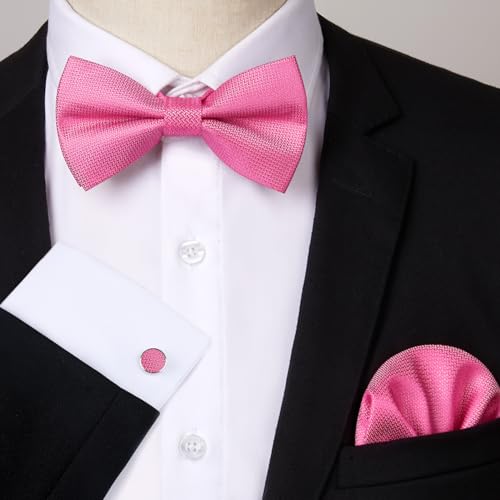 Image of HISDERN Mens Plaid Bow Tie Set Pocket Square and Cufflinks Bowtie | Pretied Bowties Design for Easy Wear,Check Pattern,Matching Handkerchief Cuff Link,3PCS Set Wedding Formal Party Groom Prom