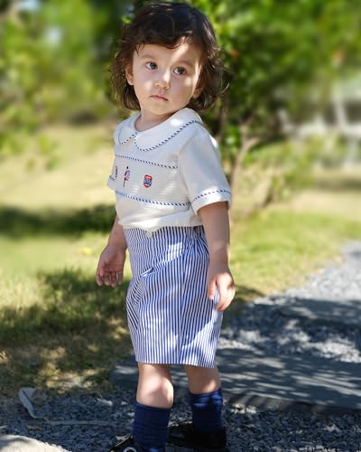 Image of Twoflower Smocked toddler boy outfits Summer Cotton Short Sleeve boys' button-down shirts Casual 2 piece Clothing Set