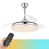 Bella Depot 42-Inch Retractable Ceiling Fan with Lights and Remote, 6-Speed, LED Light, CCT Dimmable, DC Motor, Reversible Blades, Remote Control, Timing Option (Chrome)