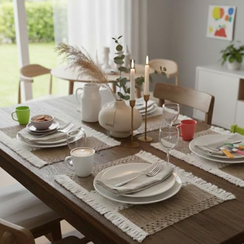 Image of HomeCloud Croshia Woven Table placemat - Heat Resistant, Washable Table Decoration for Dining, Office, Kitchen, Hotel, and Home (Rec Beige White, Set of 2)