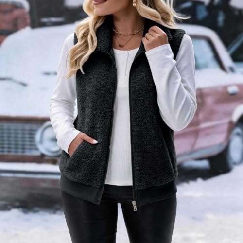 Womens Sherpa Fleece Vest Zip Front Stand Collar Ribbed Hem Casual Layering - image 8