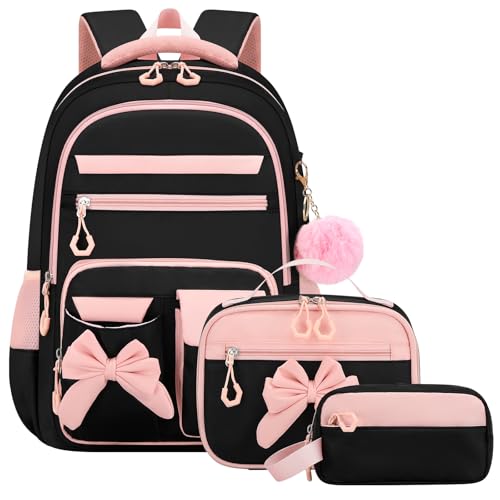 Amythe Schulrucksack Mädchen 3 Teilig, Schulranzen Kawaii 3. bis 7. Klasse mit Lunch Tasche Federmäppchen Gymnasium Fliege Dekoration mit Anti-Diebstahl-Tasche 24L-Rosa Schwarz
