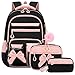 Amythe Schulrucksack Mädchen 3 Teilig, Schulranzen Kawaii 3. bis 7. Klasse mit Lunch Tasche Federmäppchen Gymnasium Fliege Dekoration mit Anti-Diebstahl-Tasche 24L-Rosa Schwarz