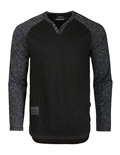 ZIMEGO Long Sleeve Raglan V Neck Henley Round Bottom Semi Longline T Shirt Black on Black Large