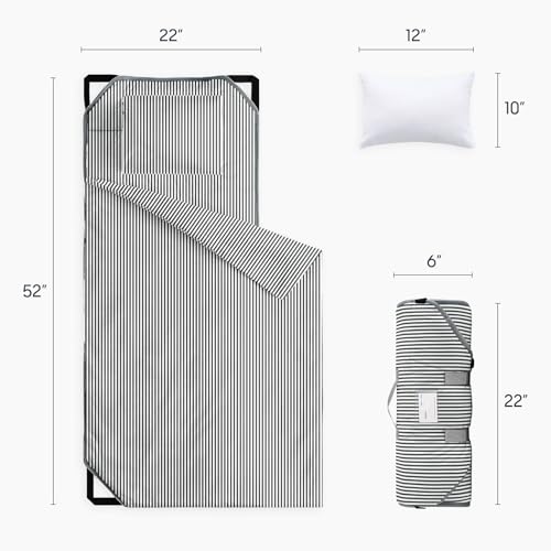 Image of Wake In Cloud - Cot Nap Mat with Pillow and Blanket, 100% Cotton Fabric, for Toddler Kids Boys Girls Ages 3 Plus in Daycare Kindergarten Preschool, Ticking Stripes