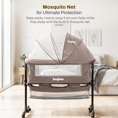 Image of BAYBEE Bedside Crib Cradle for Baby | Bassinet for New Born with 2 Height Adjustable & 360 Wheels | Babies Cot with Mosquito Net & Storage Box | Baby Cribs & Cots for 0 to 2 Years Boys Girls (Beige)