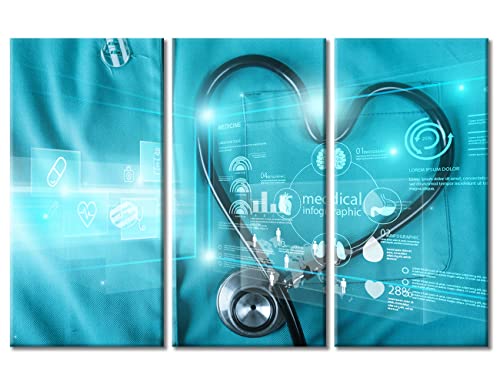 Image of TUMOVO Stethoscope Health Medical Technology Poster Office Decor Clinical Laboratory Wall Art 3 Panel Medical Artwork Posters and Prints Framed Ready to Hang, 60 inch Wx40 H