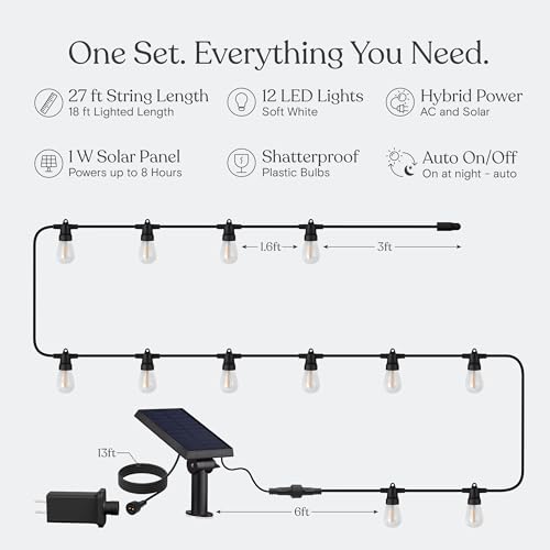 Image of Brightech Ambience Hybrid Outdoor String Lights - Dual Plug and Solar Powered Waterproof LED Light String for Outside - 27 Ft, Soft White Edison Bulbs, for Camping, Patio, Cafe, Yard, Porch
