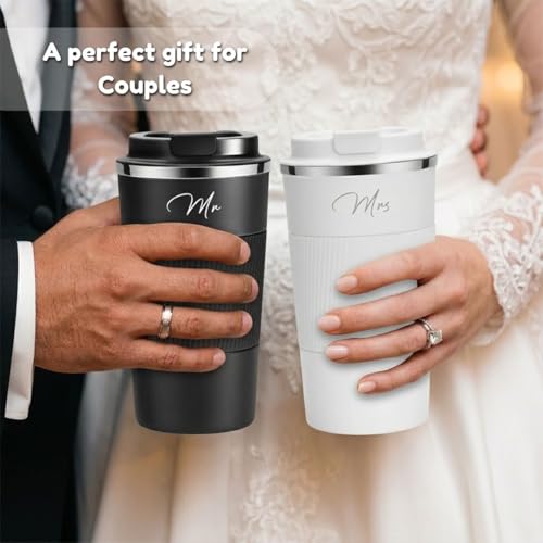 Image of Giftana Mr and Mrs Coffee Tumbler Set of 2, Premium Travel Mugs 510ml, Black and White Couple Gift Set for Bridal Shower, Wedding, Engagement, Anniversary, Bride and Groom Gifts