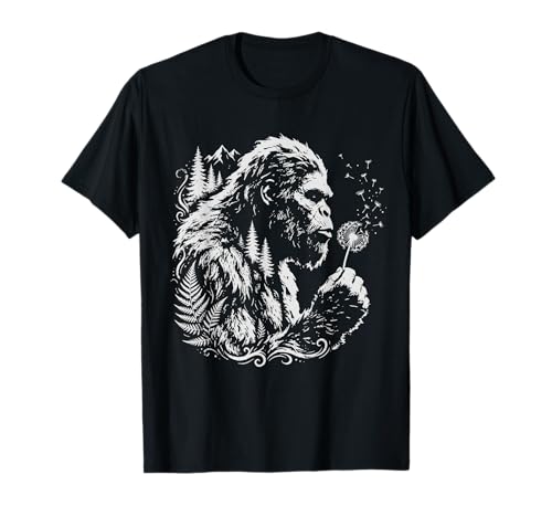 Funny Bigfoot Blowing Wishes Dandelion Nature Vintage Art T-Shirt