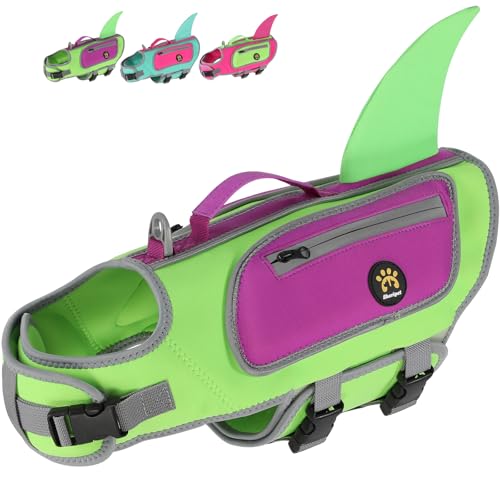 Sheripet Dog Life Jacket, High Buoyancy Shark Dog Safety Vest, Neoprene Pet Life Preserver with Good Visibility and Reflective, Puppy Swim Floating Vest with Rescue Handle for Boating (Green, Small)