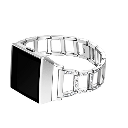 bayite for Fitbit Ionic, Replacement Metal Bracelet Adjustable Fitbit Ionic Bands Silver with Rhinestone