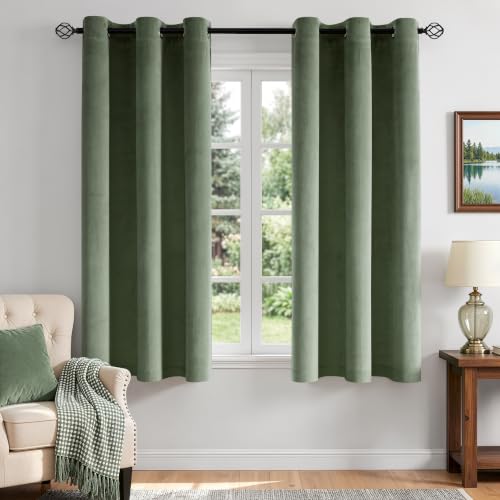 ANRODUO Sage Green Velvet Curtains 45 Inches Long for Bedroom 2 Panels