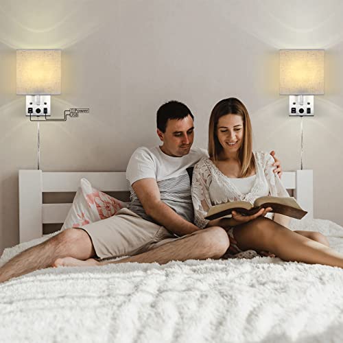 Caduke Bedside Wall Lamp Set Of 2, Plug In Wall Light With Usb Charging Ports And Ac Outlet Socket, Brushed Nickel Modern Wall Sconces With Plug In Cord For Bedroom Living Room, E26 Led Bulb Included #TOP2