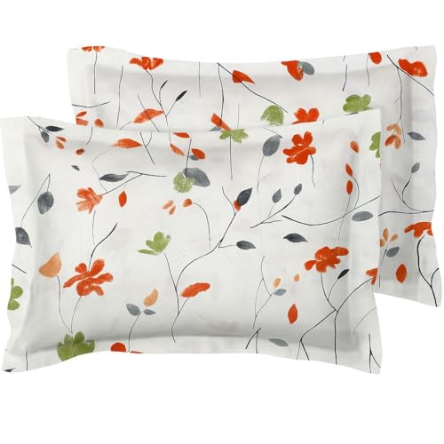 Image of 180 TC Premium Cotton Pillow Covers | Regular Pillow Cases | Set of 2 Pieces Pillow Covers only King Size (Pure White and Orange Green Leaf, 20 x 30 Inches)