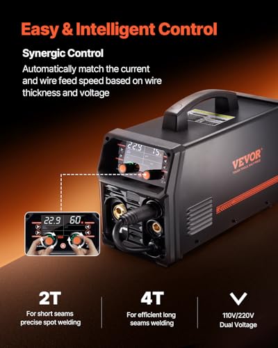 VEVOR Pro MIG Welder, 250A Pluse Mig Welding Machine, 5-in-1 Synergic Welder Machine MIG Pluse/Gas MIG/Flux Core MIG/Stick/Lift TIG, 110V/220V Dual Voltage Aluminum Mig Welder with LCD Screen Display - Image 4