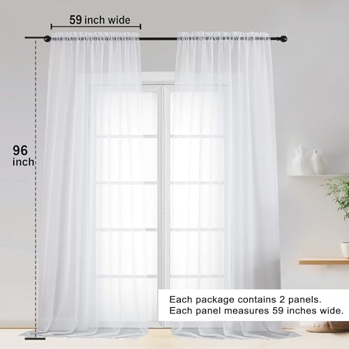 Image of OWENIE Sheer White Curtains, Sheer Curtains 96 inches Long 2 Panels Set, Rod Pocket Voile Fimly Sheer Drapes for Living Room /Bedroom, 2pcs, Each 59 inch W x 96 inch L