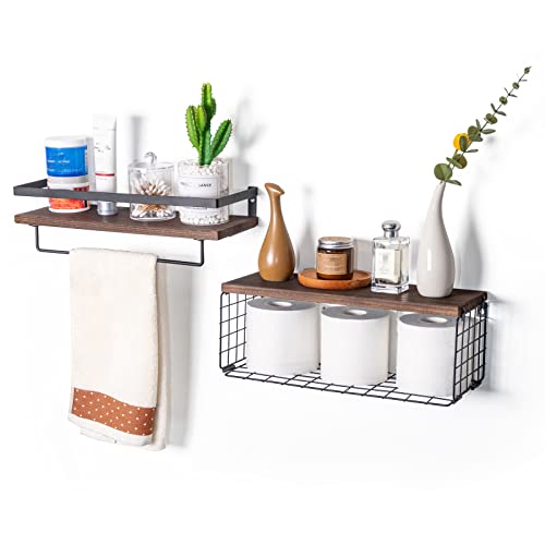 YOURSORTER Floating Shelves for Wall, Bathroom Shelves Over Toilet with Paper Storage Basket, Rustic Wall Shelves with Guardrail and Towel Bar for Bathroom, Kitchen, Bedroom, Living Room, Brown