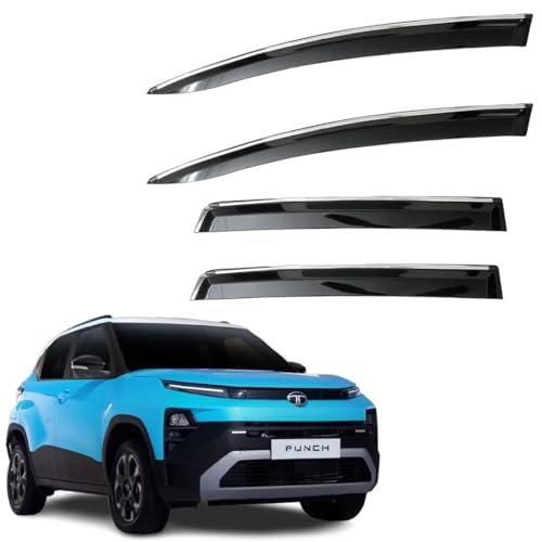 Image of CAR SAAZ Unbreakable Chrome Smoke Door Visor for Punch (2021-2026) | Premium Sun Rain Wind Deflector Chrome Strip Side Door Rain Visor - Set of 4 Pcs
