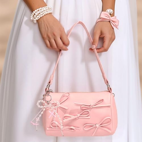 Image of JeVenis Pink Bows Coquette Shoulder Bag for Women Hobo Handbags Trendy Y2K Purses Leather Clutch Bag Cute Bow Purse