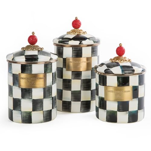 MACKENZIE-CHILDS Enamel Canister Set, Small (38 oz.), Medium (48 oz.), and Large (64 oz.) Kitchen Containers, Black-and-White Courtly Check