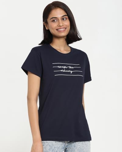 Image of Bewakoof Women's Cotton Printed Not Ordinary Boyfriend Half Sleeve | Round Neck | Regular Fit T-Shirt /Tee Blue 01, S