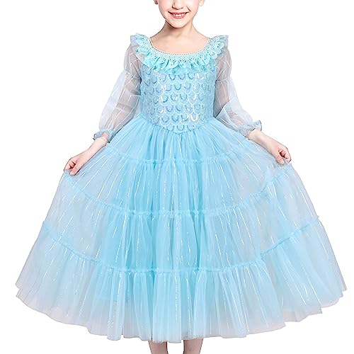 Sunny Fashion Girls Dress Blue Mermaid Princess Party Tulle Mesh Sheer Sleeves