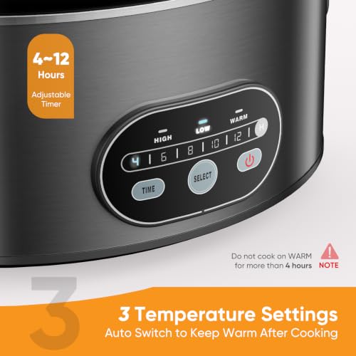 Image of NEWBULIG Slow Cooker 8 Quart, Large Slow Cooker, Ceramic Nonstick Coating, 3 Adjustable Temp Multi Cookers with Dishwasher Safe Stoneware Pot & Tempered Glass Lid, 35in Tangle Free Cord Wrap, Black