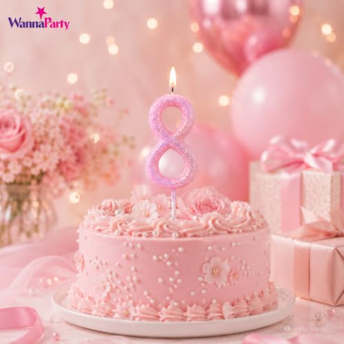 Image of Wanna Party Glitter Designer Pink Number 8 Birthday Candle, Numerical Cake Candle for 8th Birthday, Cake Cutting, Party Decoration & Celebration Supplies - 1PC