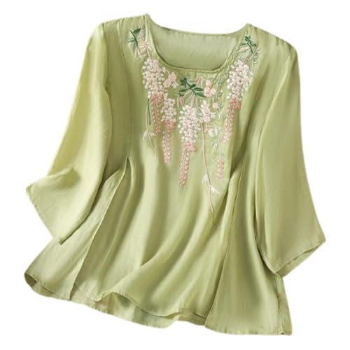 Blusas bordadas de lino para mujer, estilo bohemio, vintage, floral, para verano, hippie, con volantes, para personas mayores, holgadas, cuello redondo, gasa de algodón, encaje para fiestas, verde