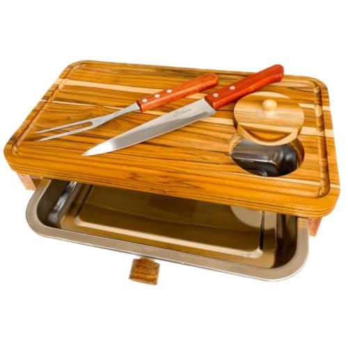 Kit Churrasco com Tábua para Churrasco em Madeira com Gaveta, Faca e Garfo, para Corte de Carnes