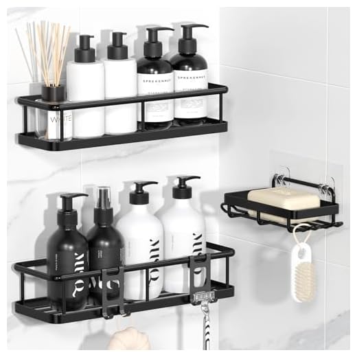 YASONIC Shower Caddy Adhesive, No Drill Bathroom Shower Organizers, with Removable Hooks and Soap Holder, Rust Proof Shower Shelves, Wall-Mounted Shower Holder, 3 Pack, Black