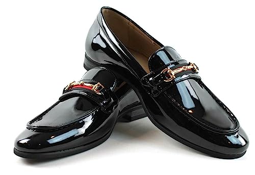 Men's Dress Shoes Patent Black Loafer with Gold Buckle Slip On Formal Modern Classic2