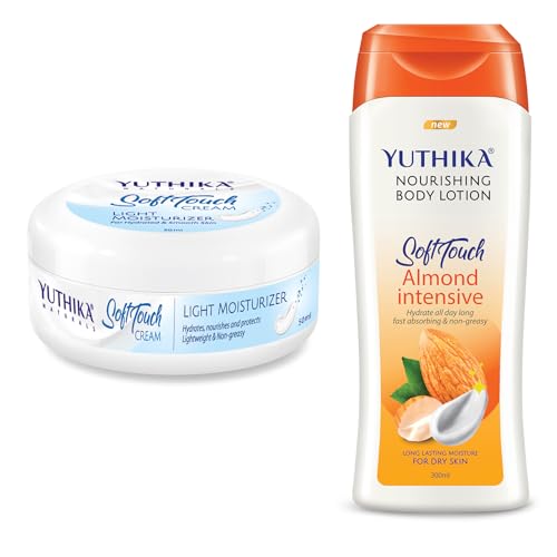 Image of Yuthika Almond Body Lotion 300ml with Moisturizer Cream 50ml, Nourishing Body Lotion and Winter Cream for Face, Hand, Body, Dry Skin, Instant Hydration, Non Greasy Formula