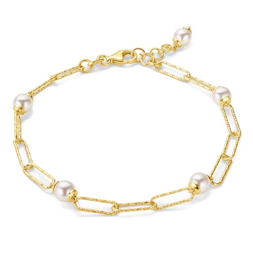 MIORE Pulsera Mujer de Plata de Ley 925 Bañada Oro de 18K 750, Pulsera Clip con 5 Perlas de Agua Dulce de 5mm, Cadena 19cm de Largo (2cm de Extensión) Hecha a Mano en Italia, Joyas Dorados con Joyero