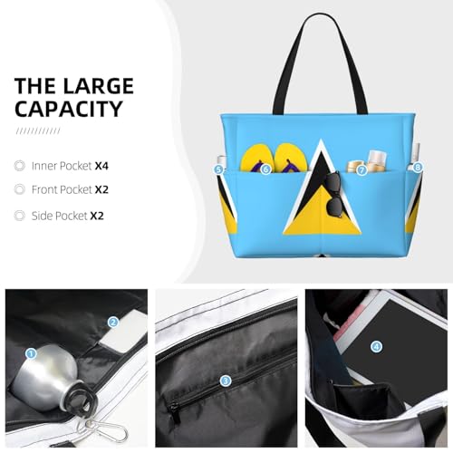 Flag of Saint Lucia It is a large-capacity beach travel bag made of 100% polyester and has 7 pockets that can hold a lot of items.3
