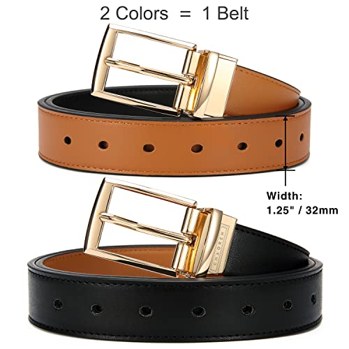 Reversible Leather Belt For Women, Cr 1.25" Womens Black & Brown Belt For Jeans Pants, Tan Belts For Women With Gold Buckle #TOP1