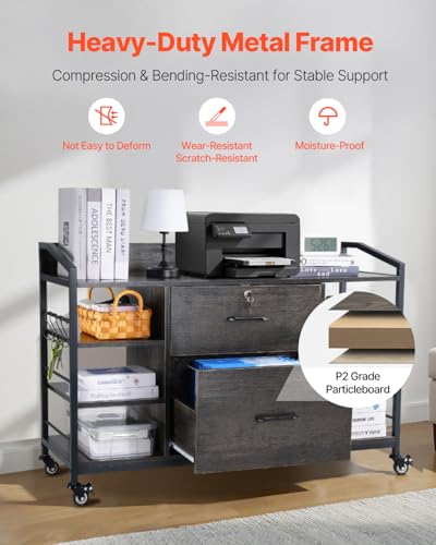 Image of VEVOR 2 Drawers Metal File Cabinet, Lateral Filing Cabinet with Lock and 6 Open Shelves, Wooden Wide Filing Storage Cabinets with Power Strip for Letter, A4, Legal Size File, Easy Assembly, Gray