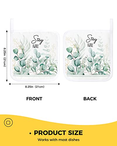 Fall Eucalyptus Leaves On White Kitchen Potholder Heat-Proof Pot Holders Watercolor Green Gold Foliage Washable Potholders Hot Pad For Cooking Baking Bbq,Set Of 2 #TOP2
