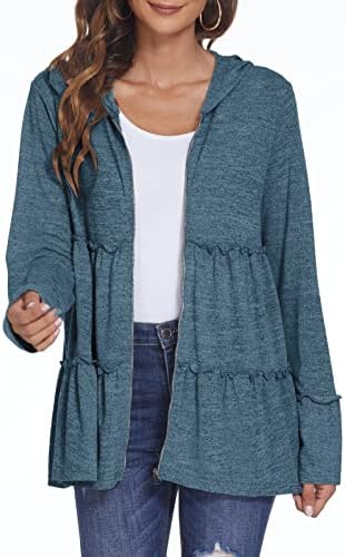 DEESHA Full Zip Up Hoodie for Women Pleated Tiered Ruffle Hooded Sweatshirts Lightweight Jacket Coat Long Sleeves Blue