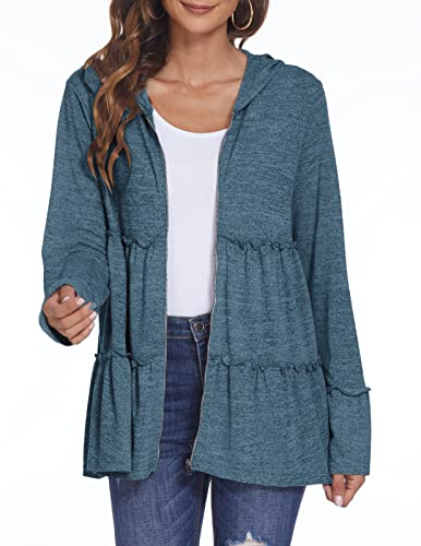 Deesha Full Zip Up Hoodie For Women Pleated Tiered Ruffle Hooded Sweatshirts Lightweight Jacket Coat Long Sleeves Blue #TOP15