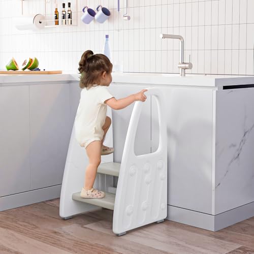 Image of Toddler Step Stool for Bathroom Sink, Kids Two Step Stool for Toilet Potty Training and Kitchen Counter, Children Step Up Learning Helper Tower with Safety Handles and Non-Slip Pads,Gray