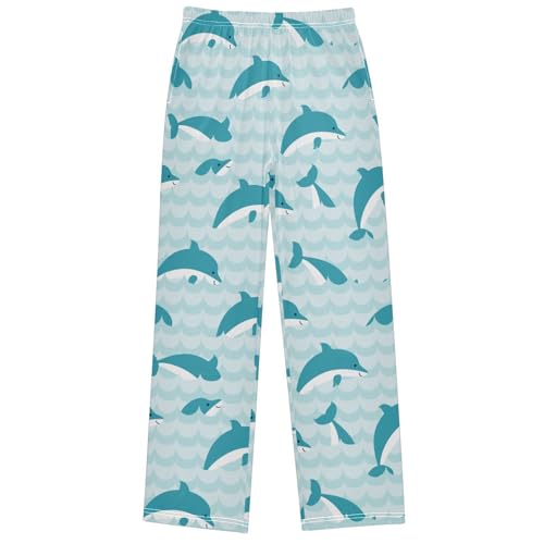 Boy's Pj Pants Blue Green Jumping Dolphin Lock Lounge Bottoms Elastic Waist Kids Joggers with Pockets Size 6-14