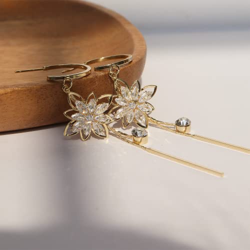 Sonateomber Lotus Flower Open C Hoop Drop Dangle Gold Tassel Earrings For Women Girls - Sparkly Marquise Crystal Cubic Zirconia Long Chain Bar Dangling Jewelry Gift #TOP3