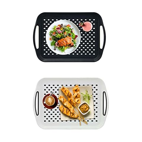 Decorative Concepts - 2pk Large Anti-Slip Serving Trays - 40 x 29cm Trays For Eating Lap Tray Plastic Tray Food Tray Tea Tray Dinner Trays (Black + White) Cover