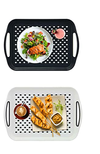 Decorative Concepts - Lot de 2 grands plateaux de service antidérapants - 40 x 29 cm - Plateau en plastique - Plateau alimentaire - Plateau à thé - Plateau à dîner - Noir + blanc