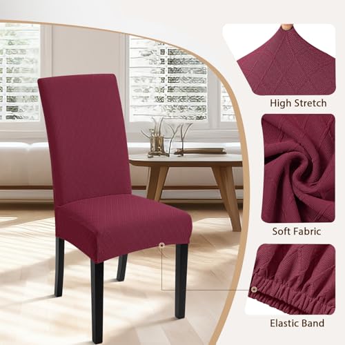 Image of SearchI Dining Room Chair Covers Set of 6, Stretch Jacquard Parsons Chair Slipcovers Removable Washable Kitchen Chair Protector Cover for Dining Room, Hotel, Ceremony (Wine Red Rhombus)
